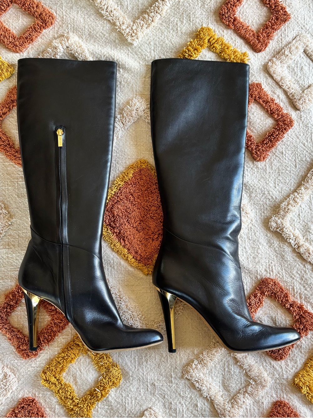 Jimmy Choo Black Leather Knee-High Boots with Gold Stiletto Heels